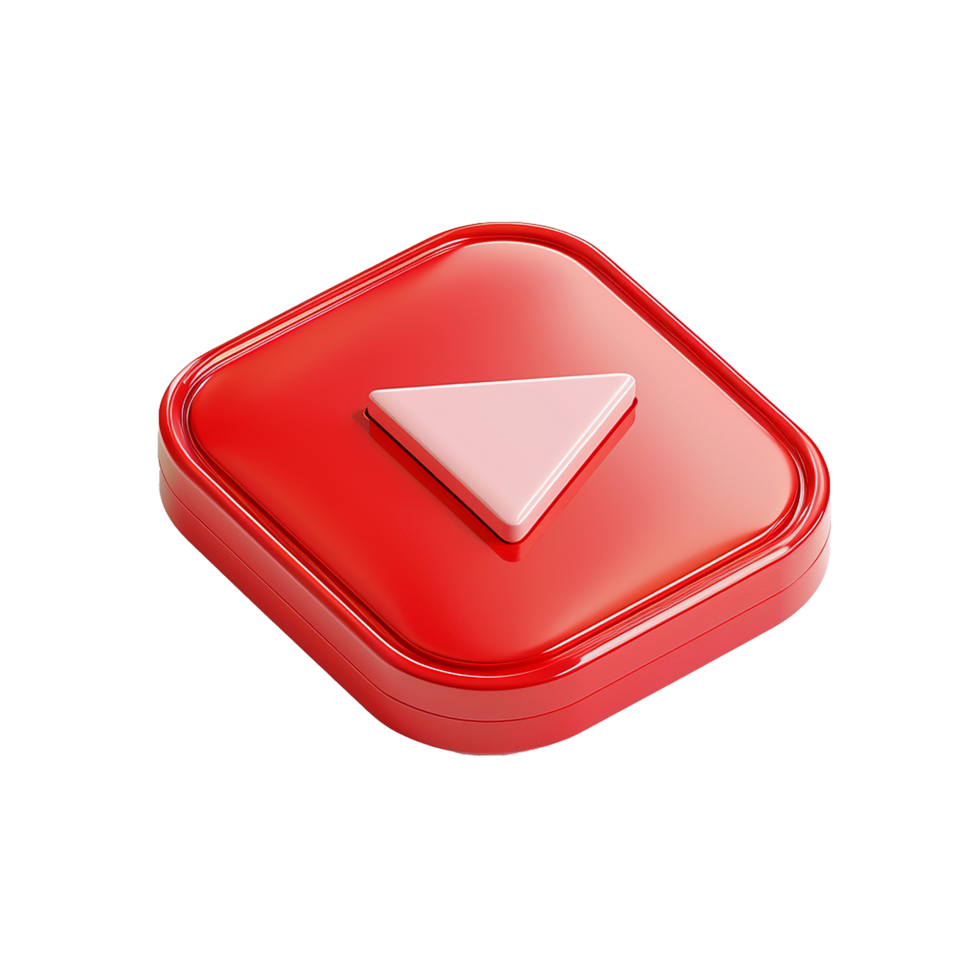 Red Square Play Button Icon 3D Render Shiny Glossy App Button Interface Design Element png