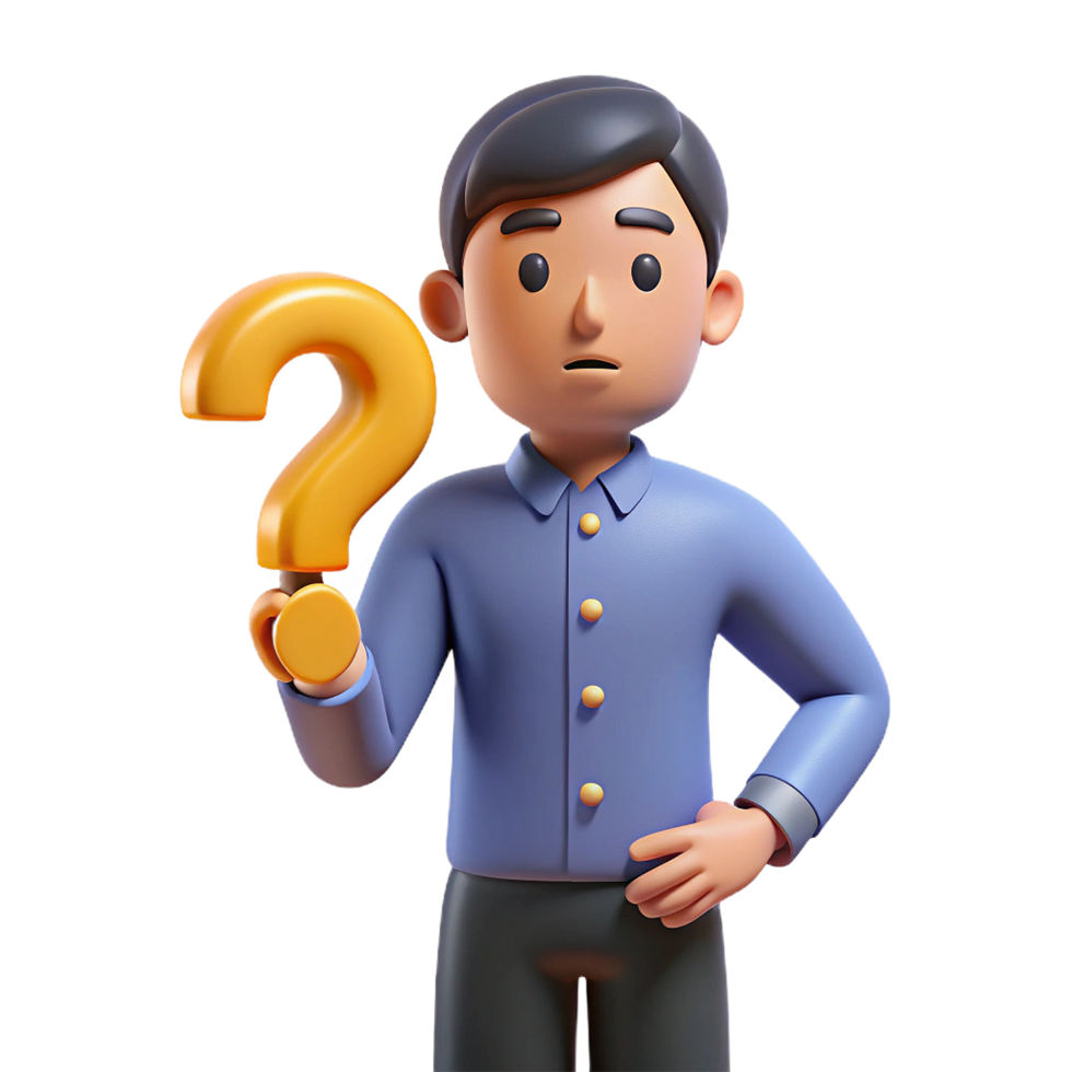 3D Cartoon Man Holding a Golden Question Mark with a Confused Expression Against a Colorful Background png