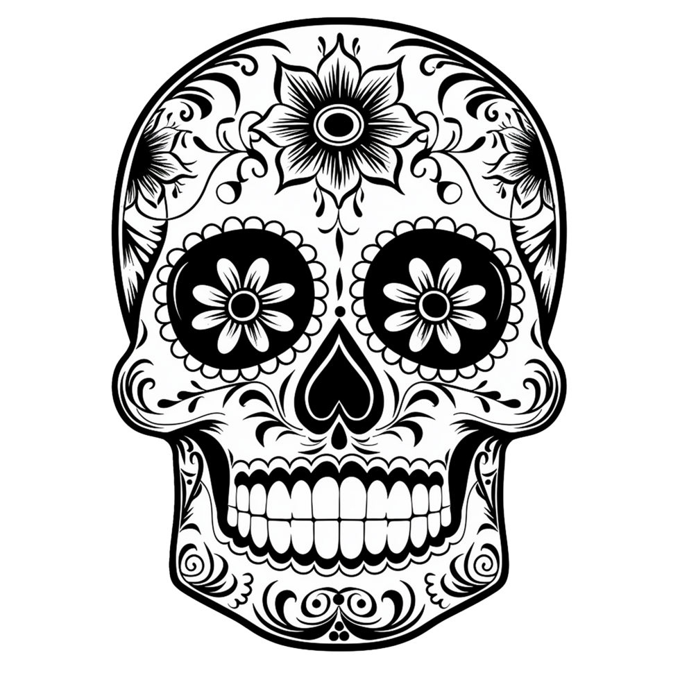 Intricate Sugar Skull Design in Black and White Day of the Dead Calavera Illustration png