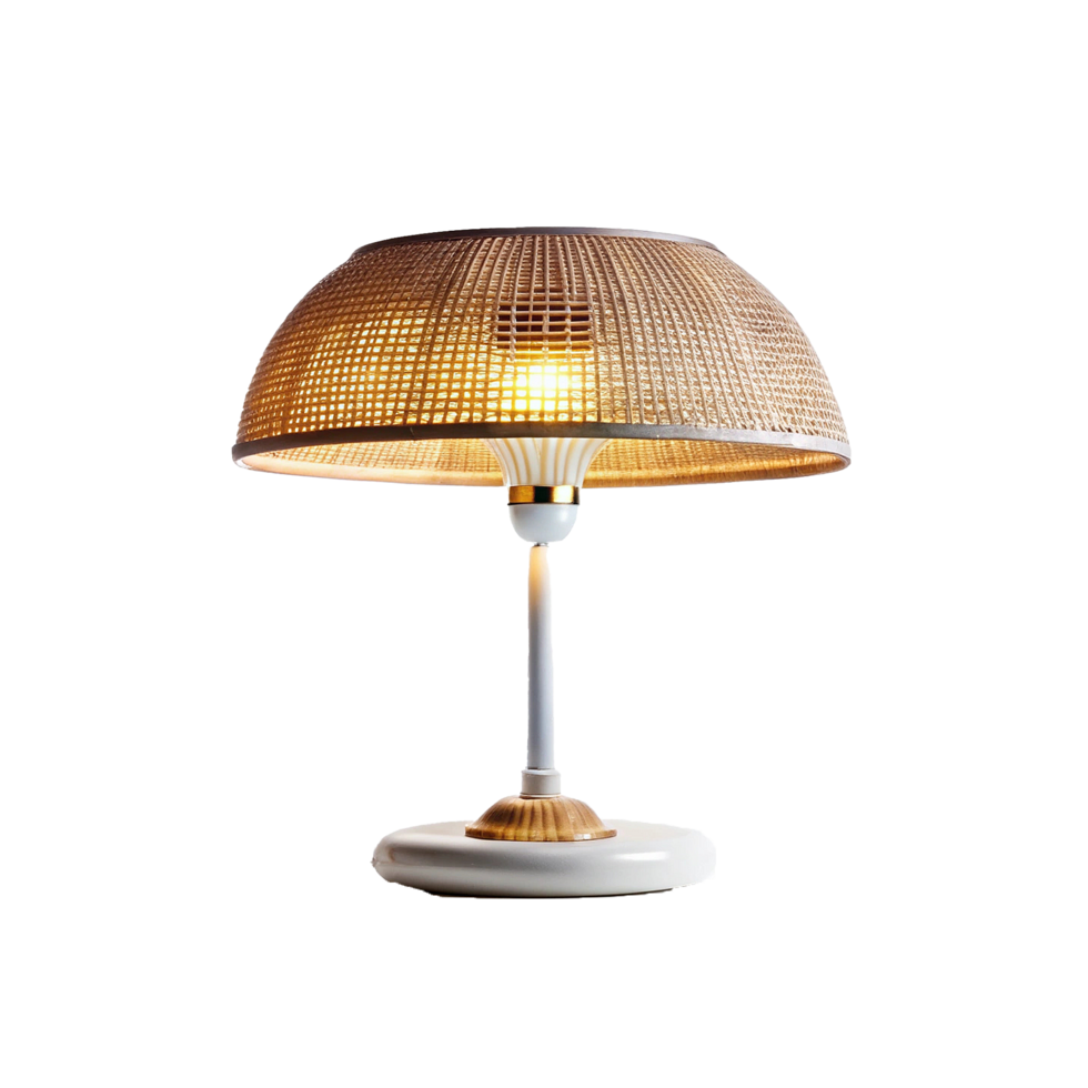 Elegant Woven Rattan Table Lamp with White Ceramic Base and Golden Accents png