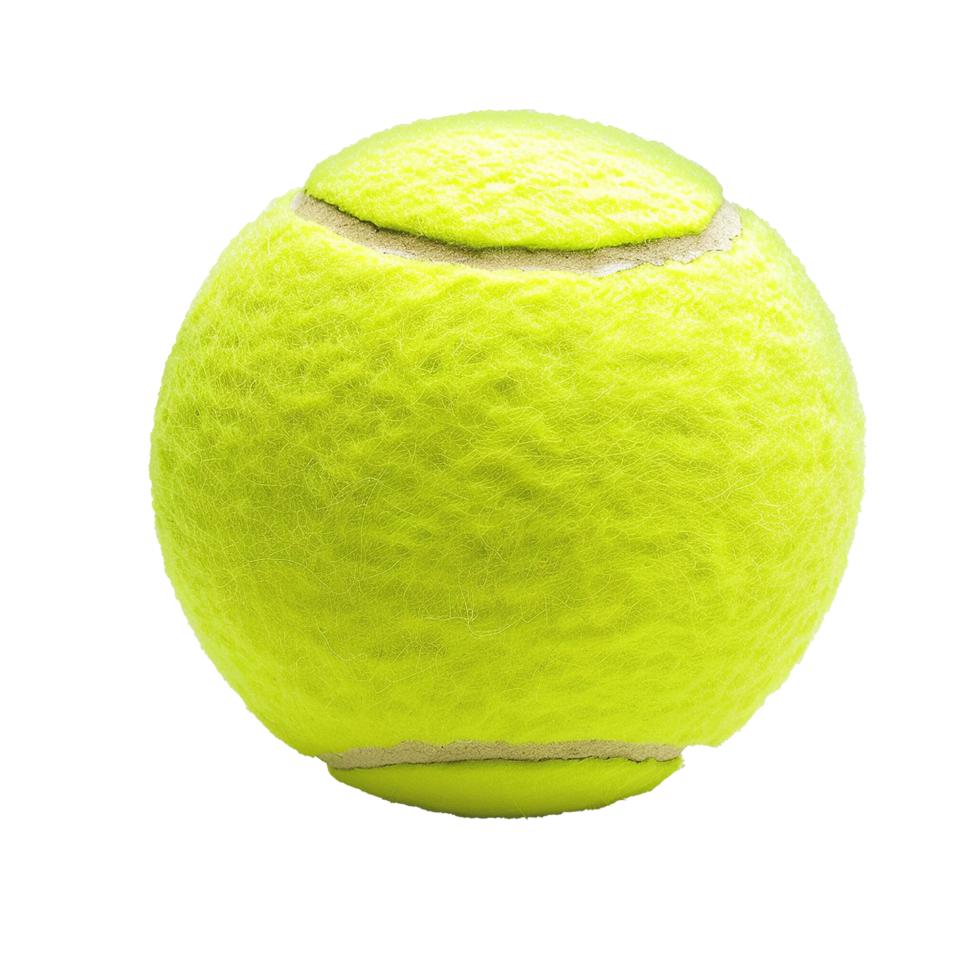 A single bright yellow tennis ball on a white background, ready for a game of tennis, showing its fuzzy texture and the subtle seam png