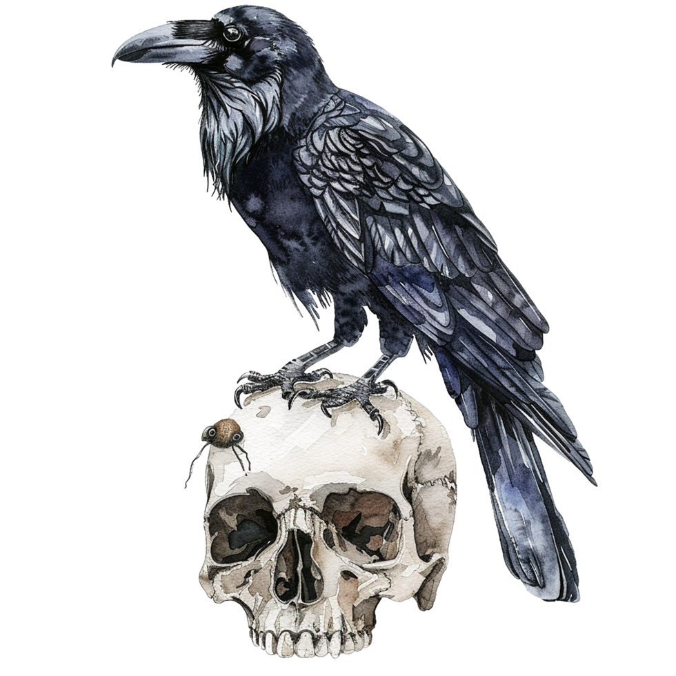 A Watercolor Painting of a Raven Perched on a Human Skull with a Small Insect png