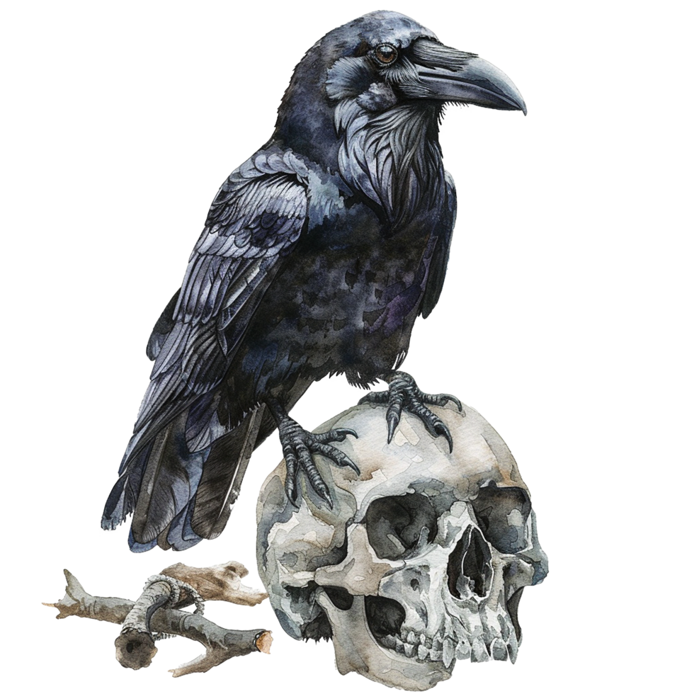 A majestic raven perched atop a human skull watercolor painting gothic art dark fantasy macabre illustration png