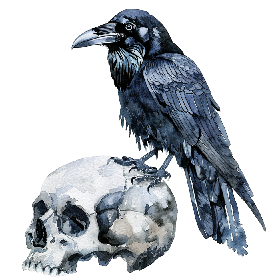 A watercolor painting of a raven perched atop a human skull a gothic dark art masterpiece png