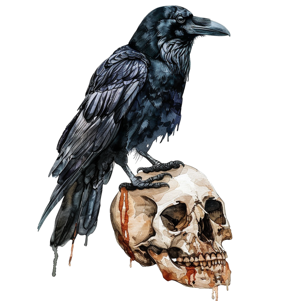 A Watercolor Painting of a Raven Perched on a Bloody Skull png