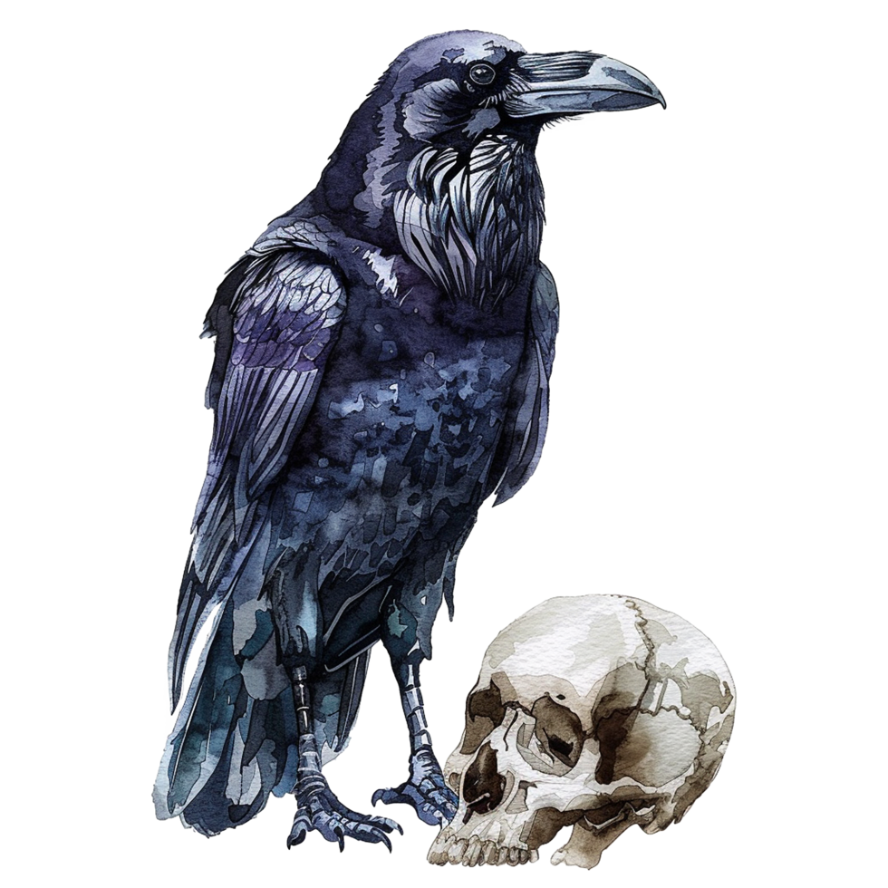 A Watercolor Painting of a Raven and a Human Skull Gothic Dark Art Illustration png