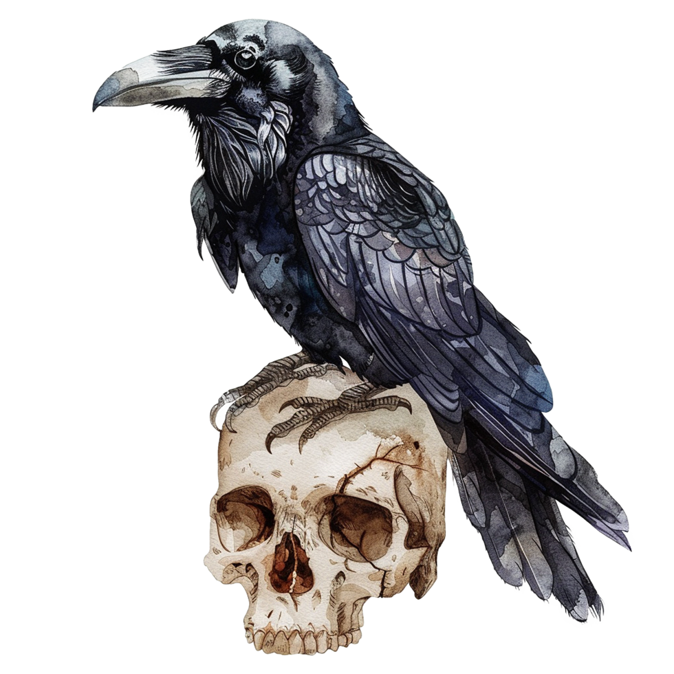 A Dark Watercolor Painting of a Raven Perched on a Human Skull png