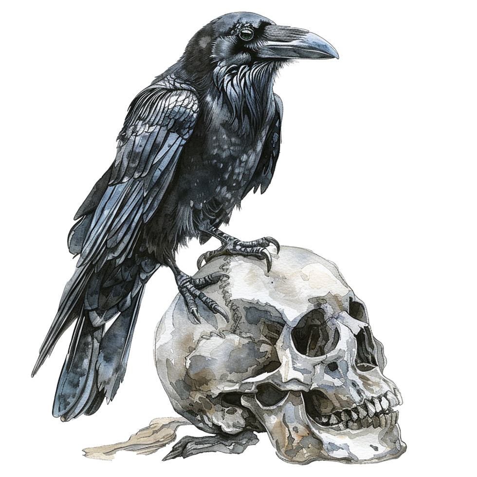 A Majestic Raven Perched Atop a Human Skull Watercolor Illustration png