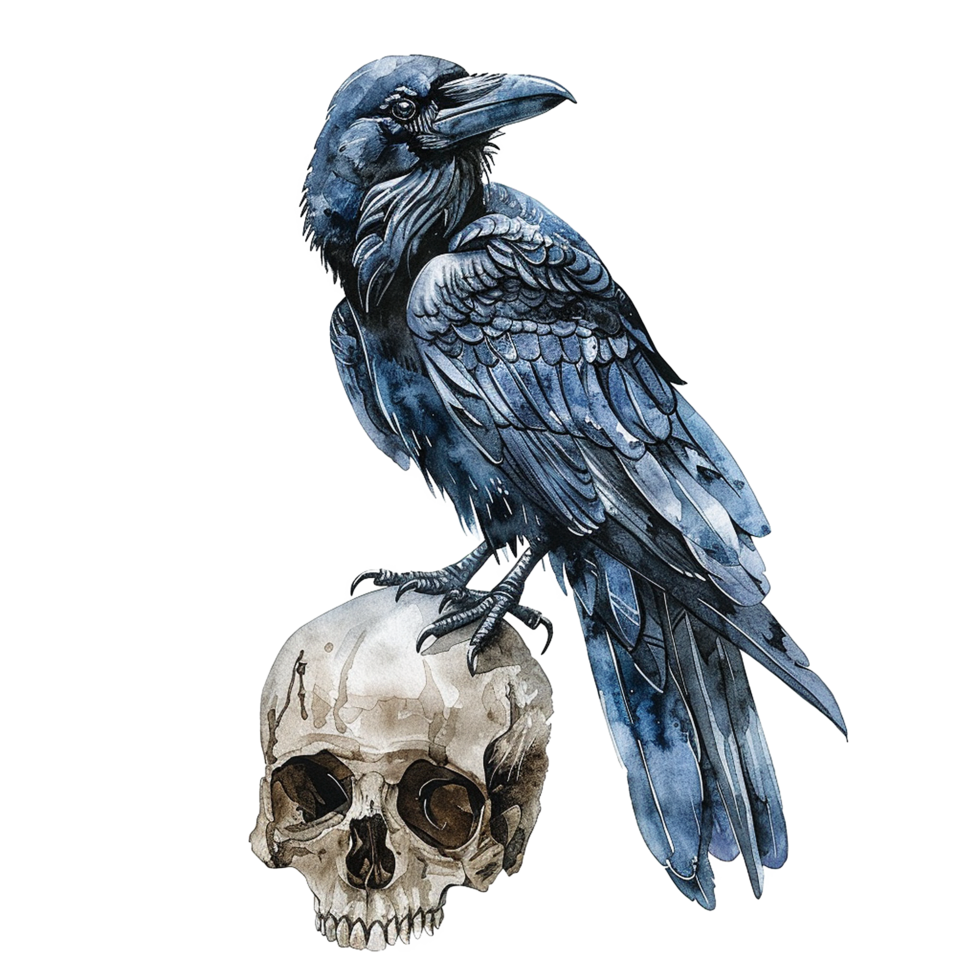 A Majestic Dark Raven Perched Upon a Weathered Human Skull Watercolor Painting png