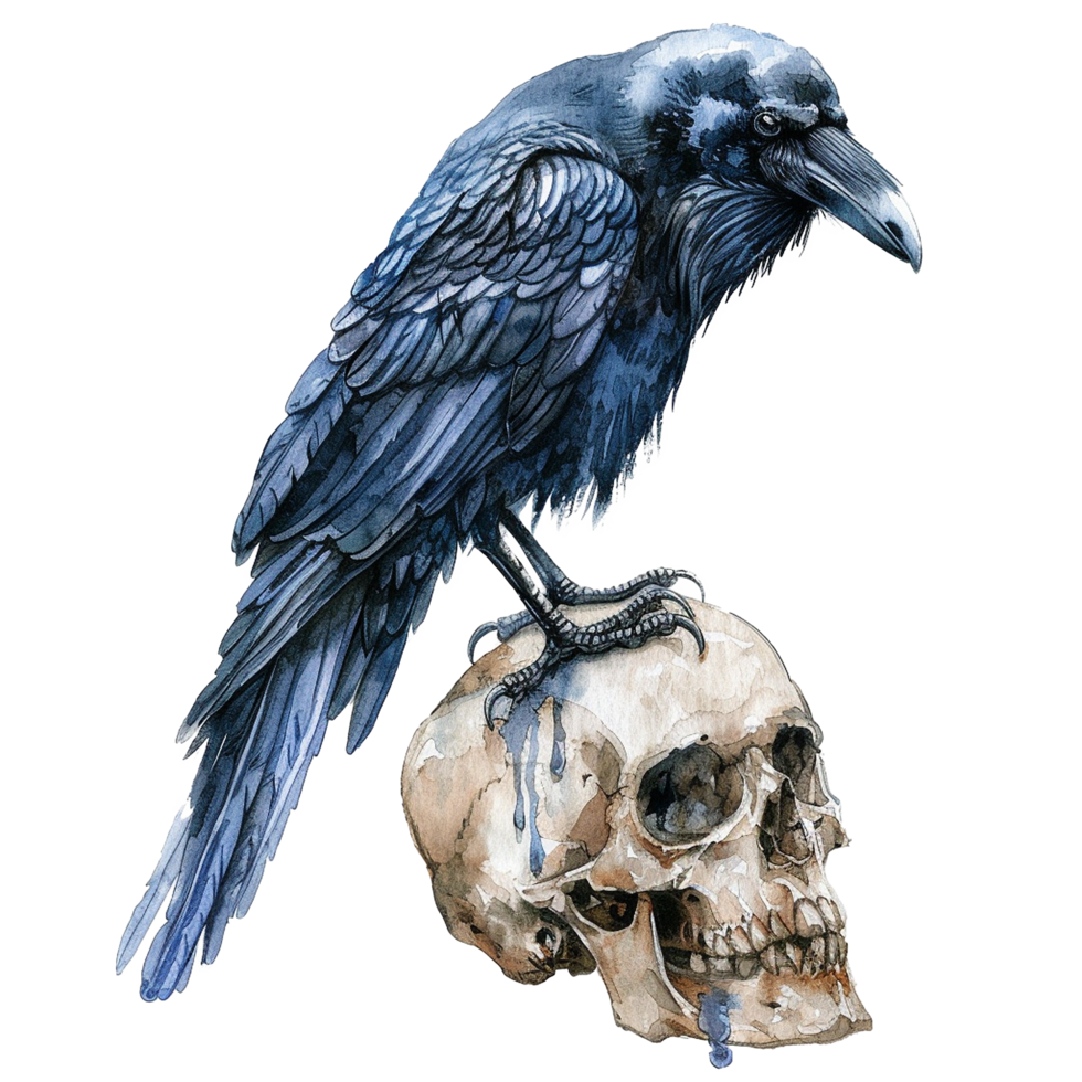 A Watercolor Painting of a Raven Perched Upon a Human Skull Dripping with Dark Liquid png