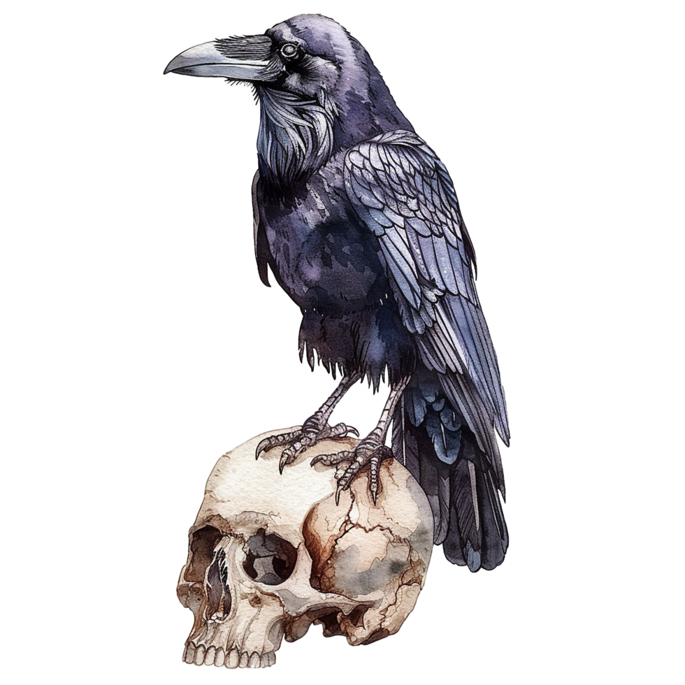 A majestic raven perched atop a weathered human skull a gothic watercolor painting png
