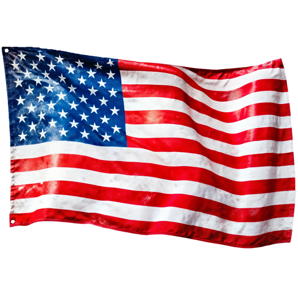 A weathered and worn American flag billowing in the wind, showing the red and white stripes and blue field of stars png