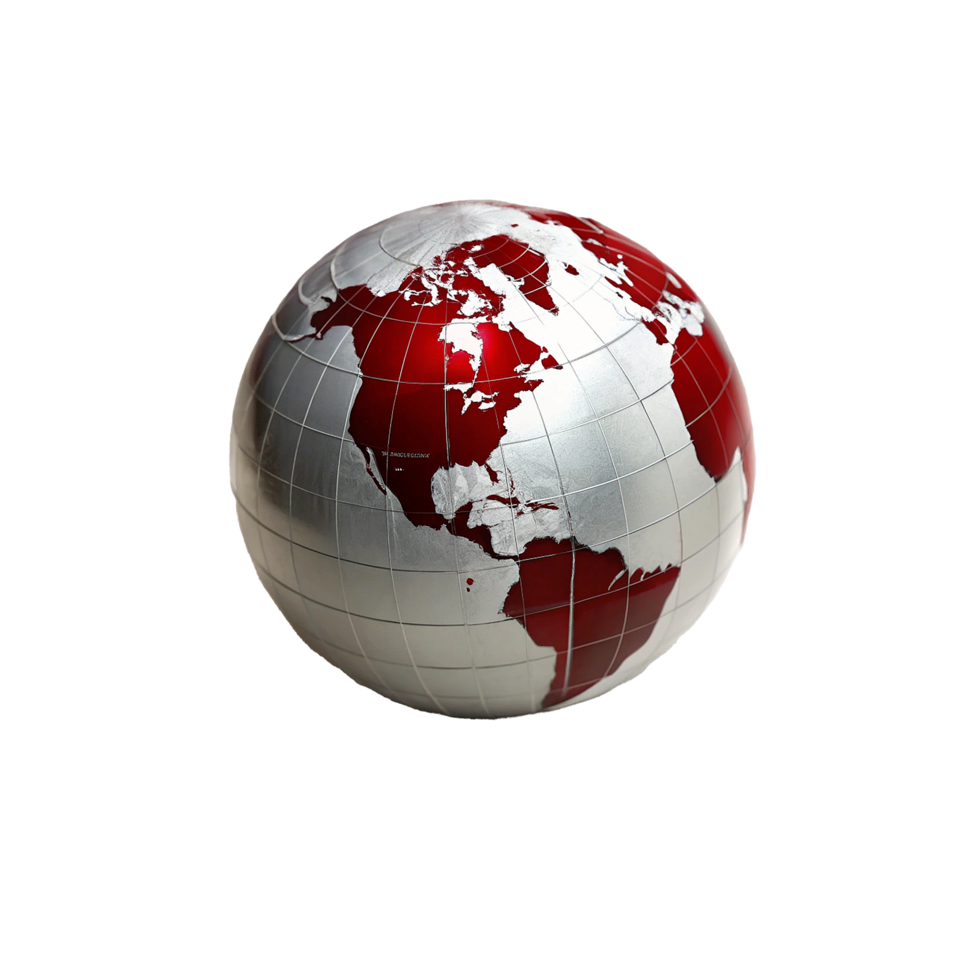 A Stunning Silver and Red Globe Representing the World Map png