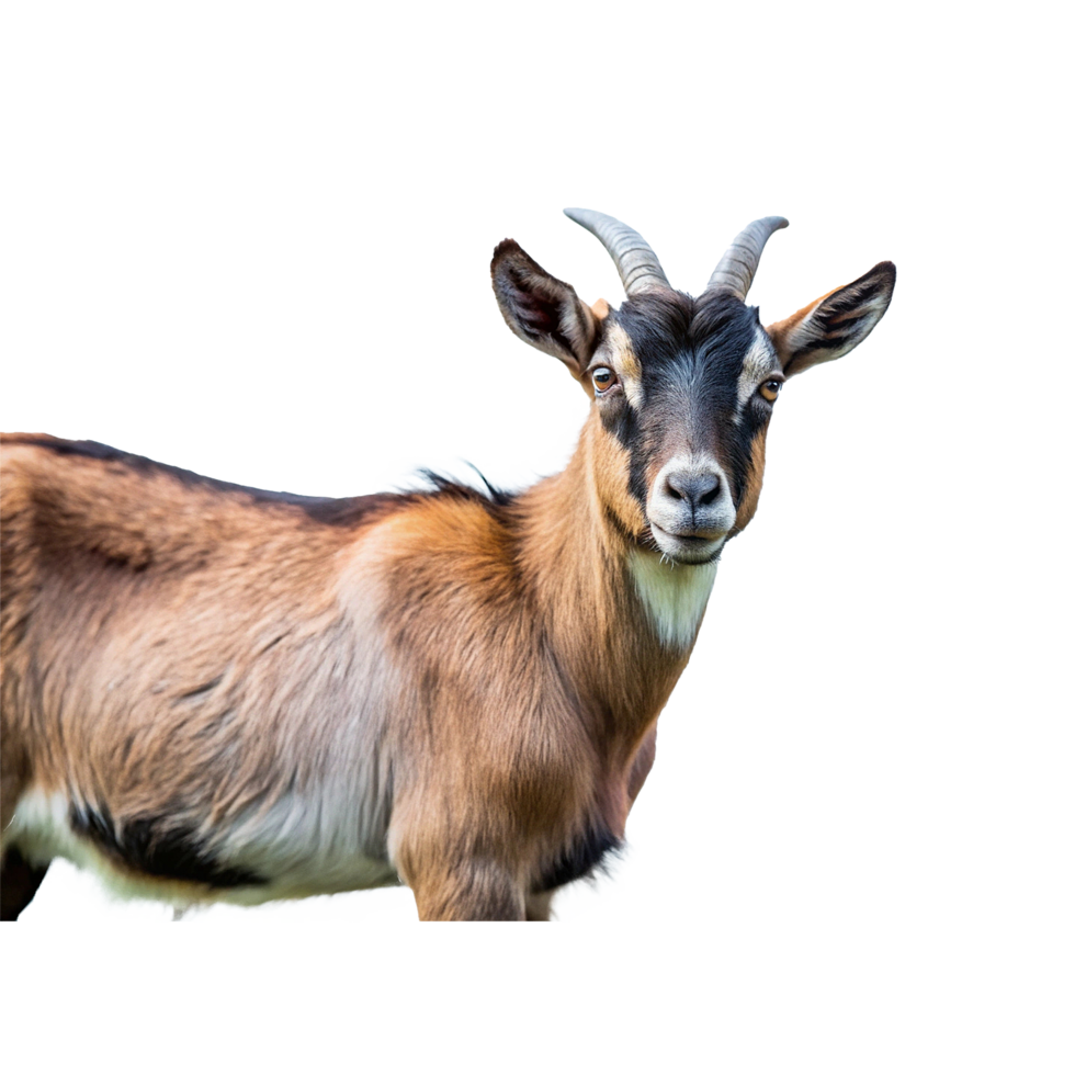 A Closeup Portrait of a Brown and Black Goat with Short Horns png