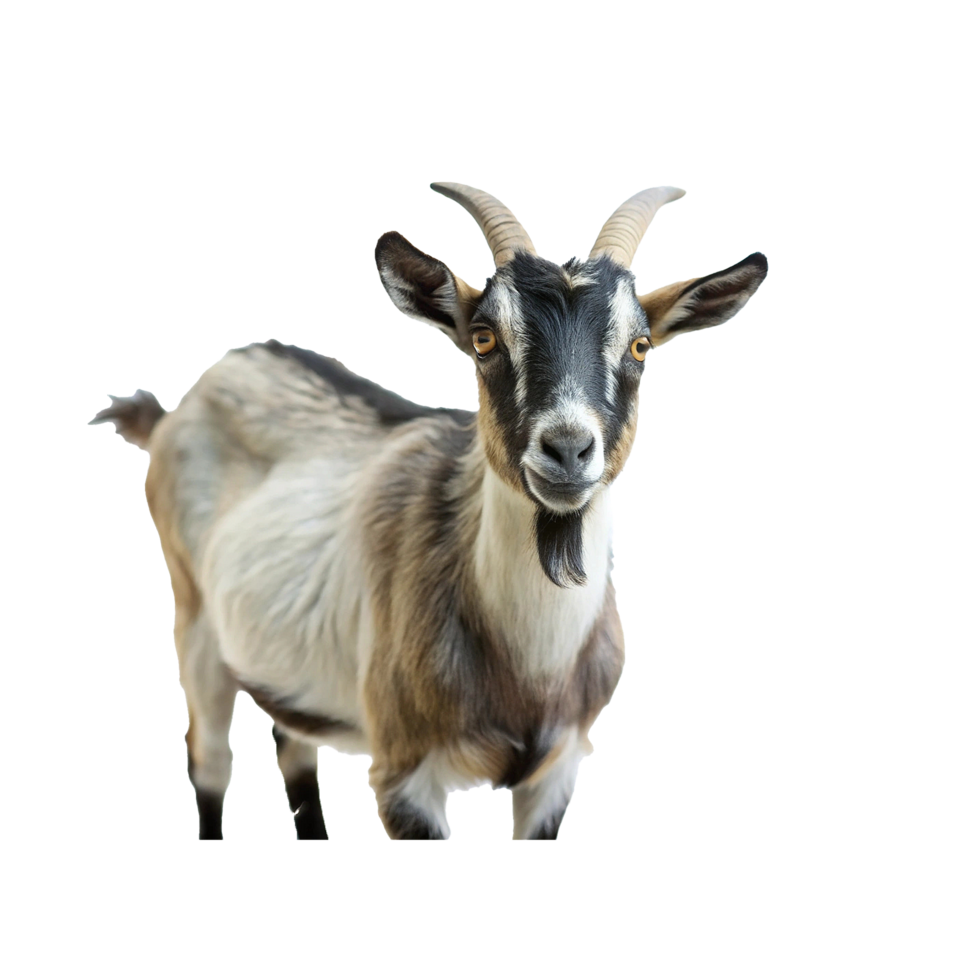 Closeup of a curious brown and black goat with short horns png