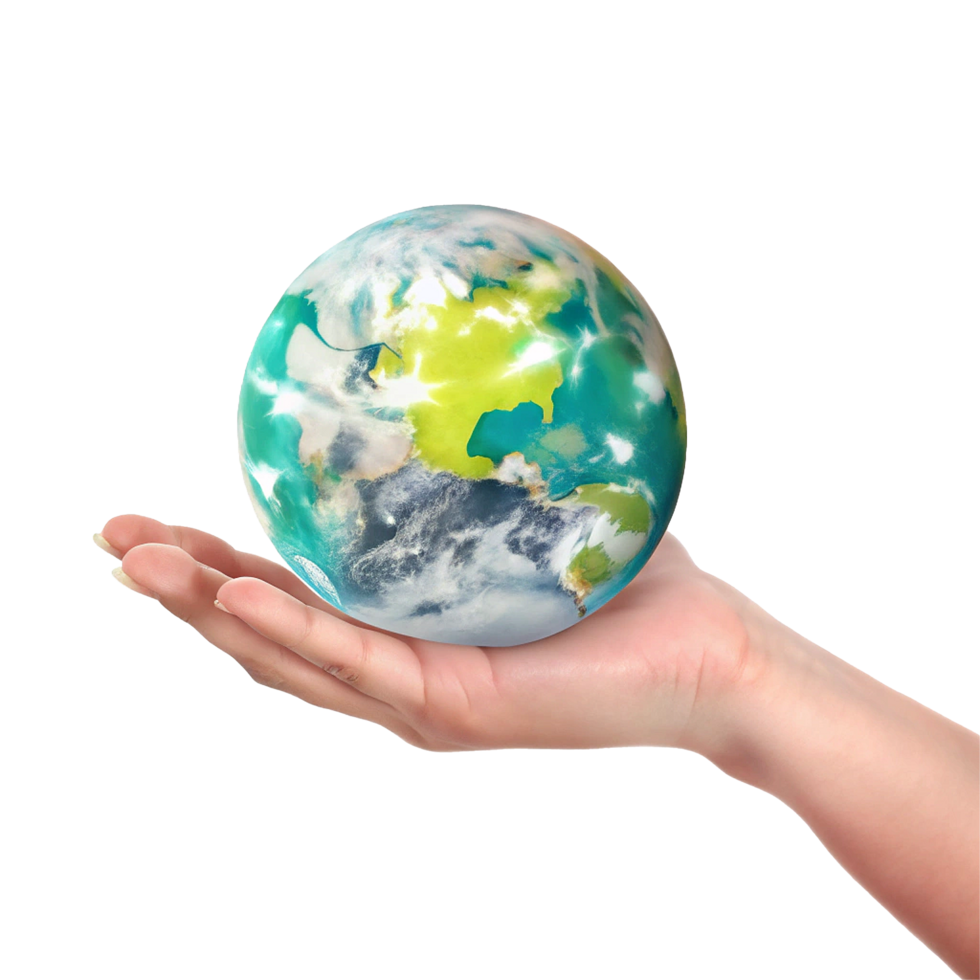 A gentle hand carefully cradles our precious Earth globe showcasing continents oceans and swirling clouds a symbol of environmental care and global responsibility png