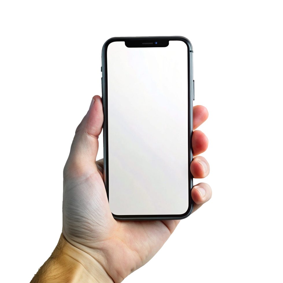 A hand holding a smartphone with a blank white screen showcasing mobile technology and app interface design png