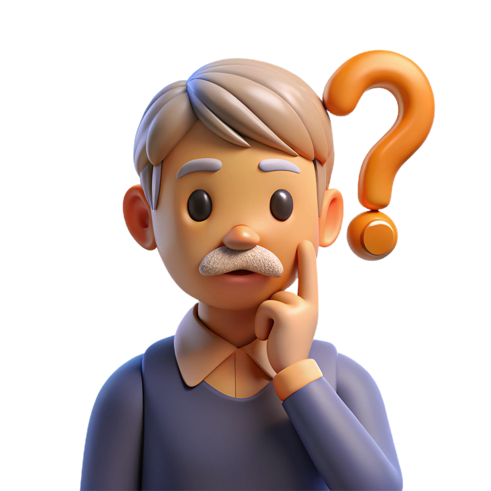 A pensive elderly man with a question mark pondering a problem or decision png