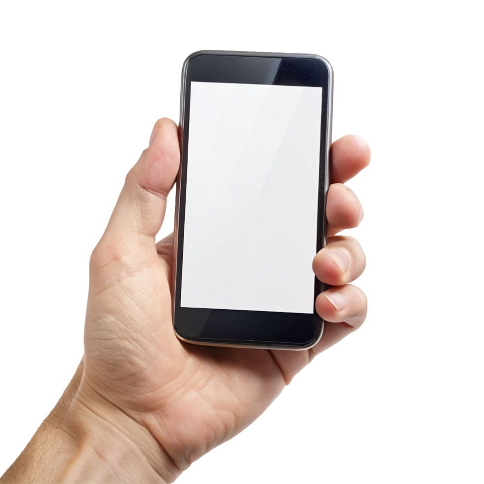 A hand holding a smartphone with a blank white screen mockup for app presentation and mobile technology png