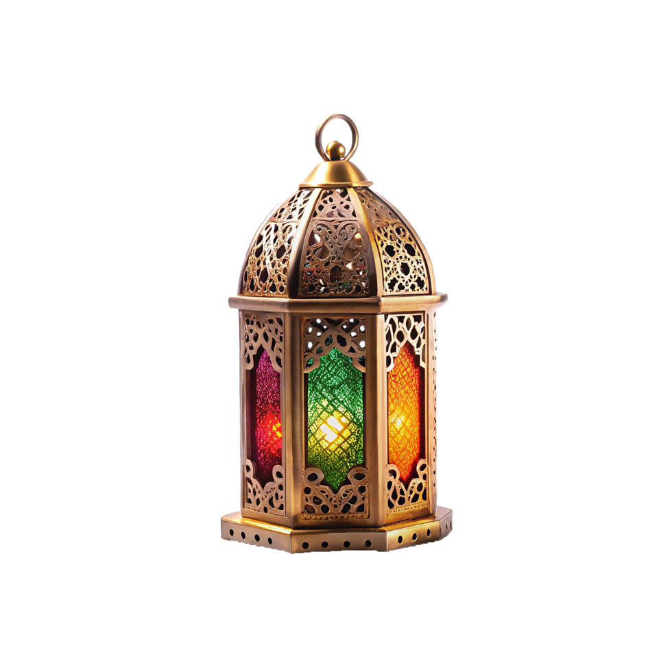 Ornate Metal Lantern with Colorful Glass Panels Festive Ramadan Decoration Home Decor Elegant Tabletop Lamp png