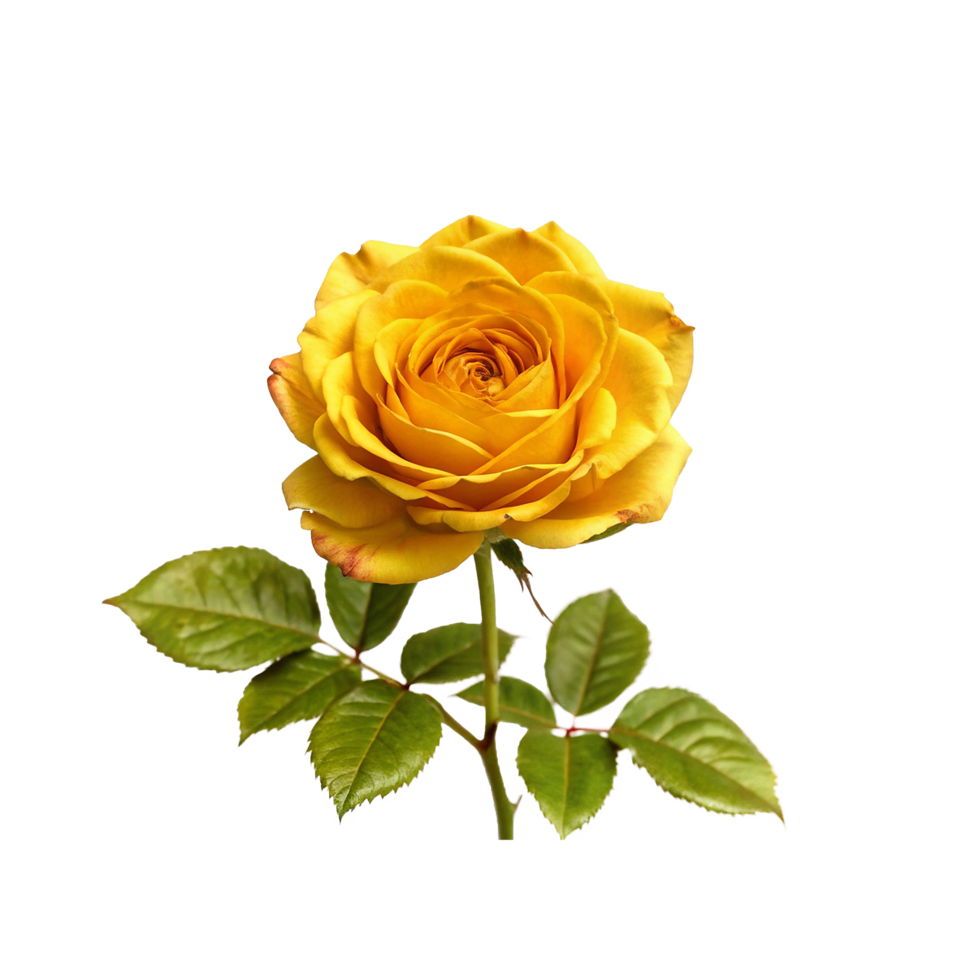 A Single Yellow Rose Flower with Green Leaves on White Background png