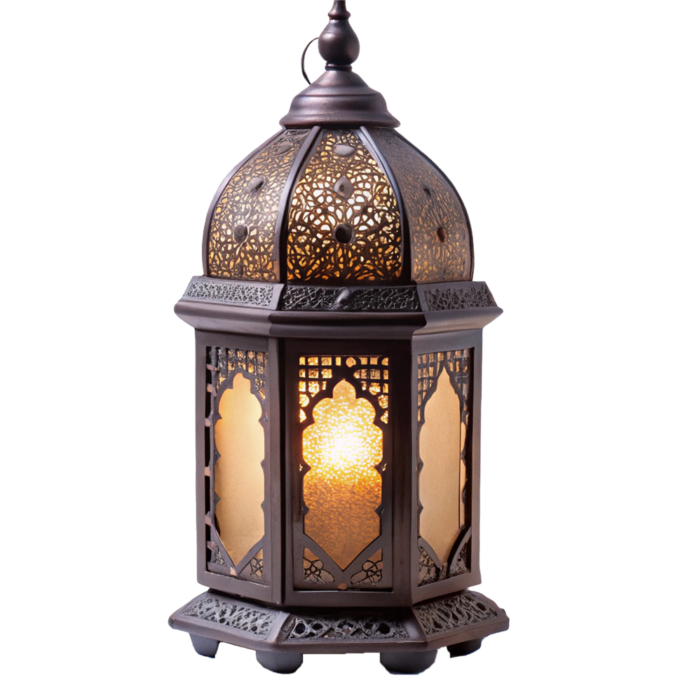 Ornate Dark Brown Metal Moroccan Lantern with Amber Glass Panels and Intricate Cutout Designs png