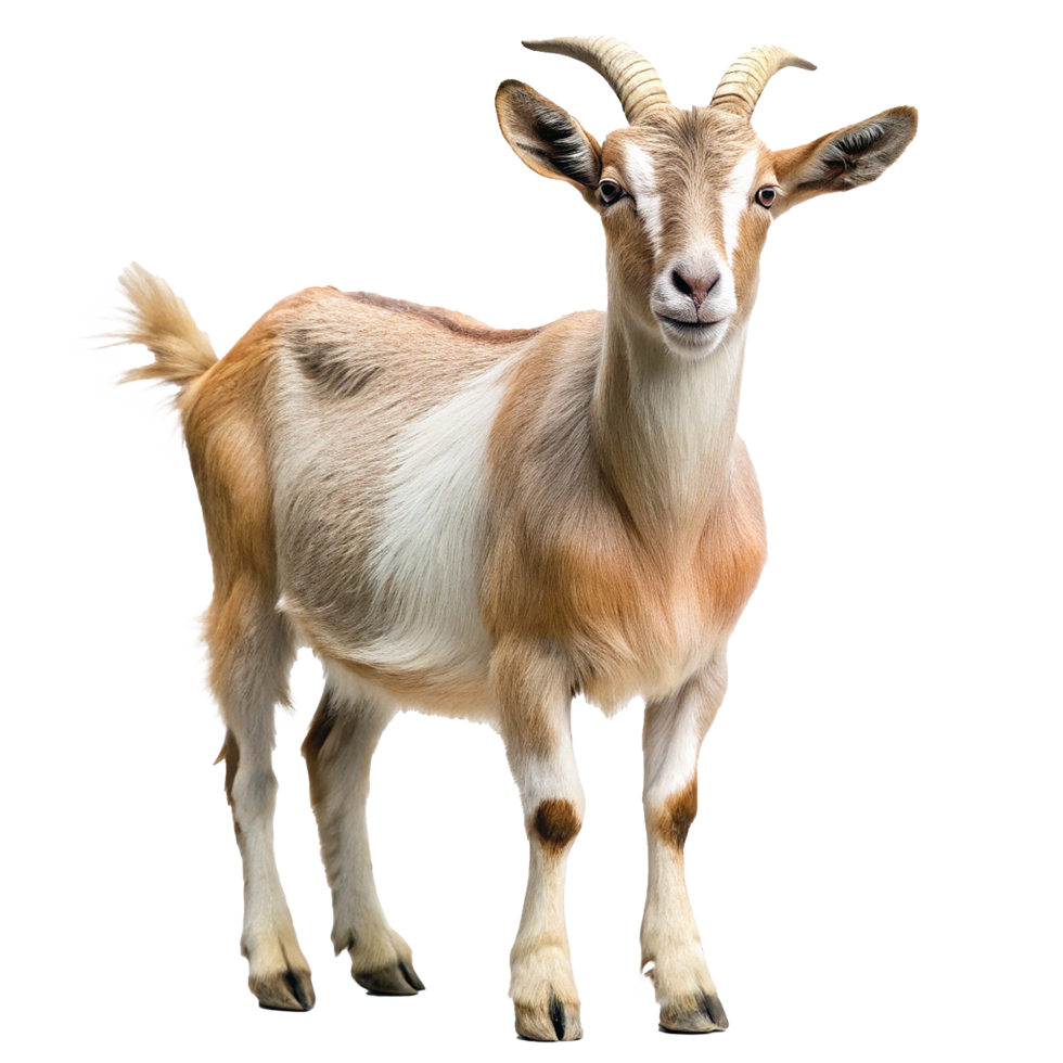 A Stunning Light Brown Goat with White Patches Standing on a White Background png