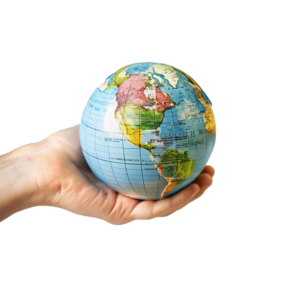 A hand gently cradling a miniature world globe showcasing continents and countries png