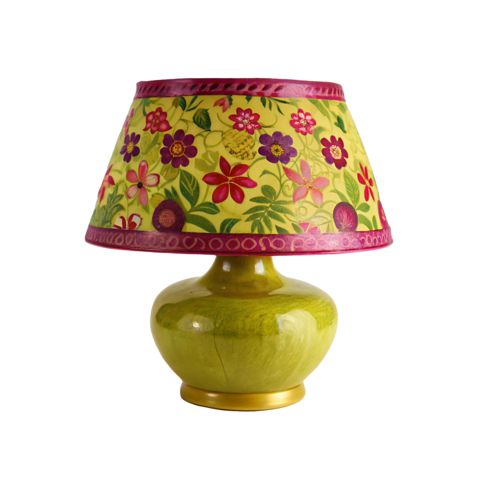 Hand Painted Green Table Lamp with Vibrant Floral Shade and Magenta Accents png