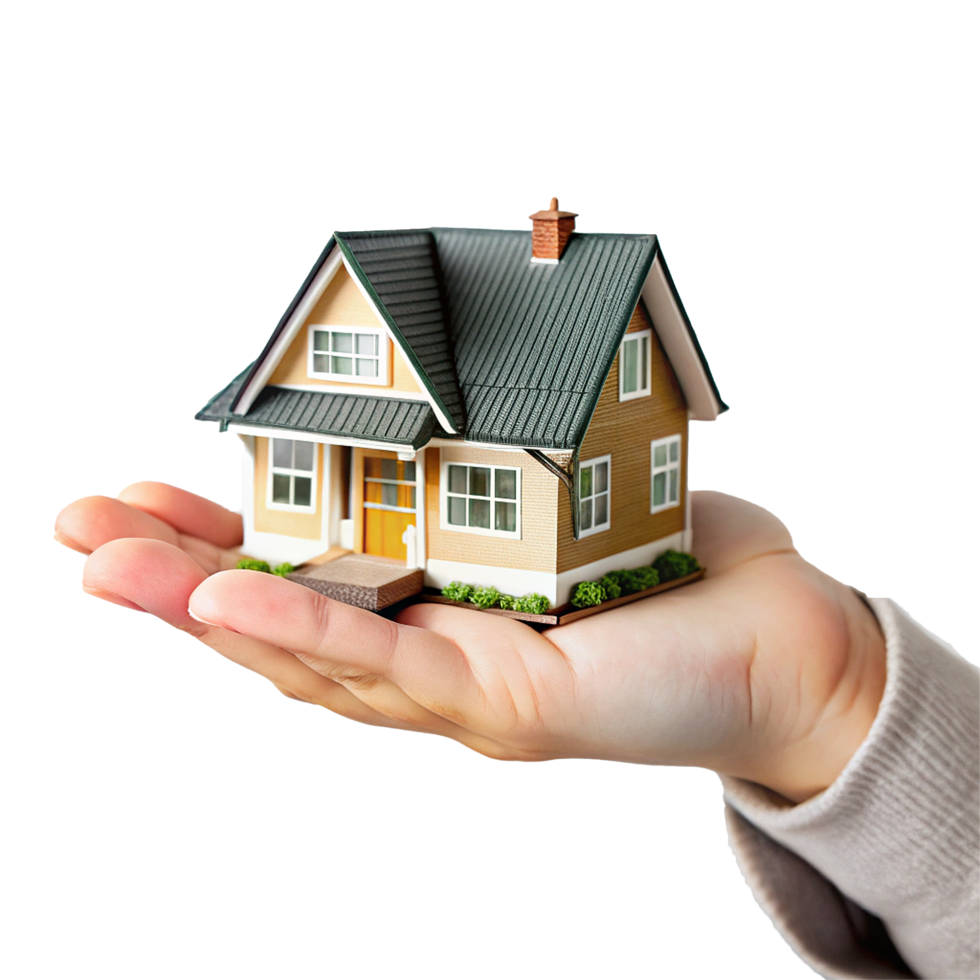 A Small Model House Resting Gently in an Open Palm Offering a Visual Representation of Homeownership and Real Estate png