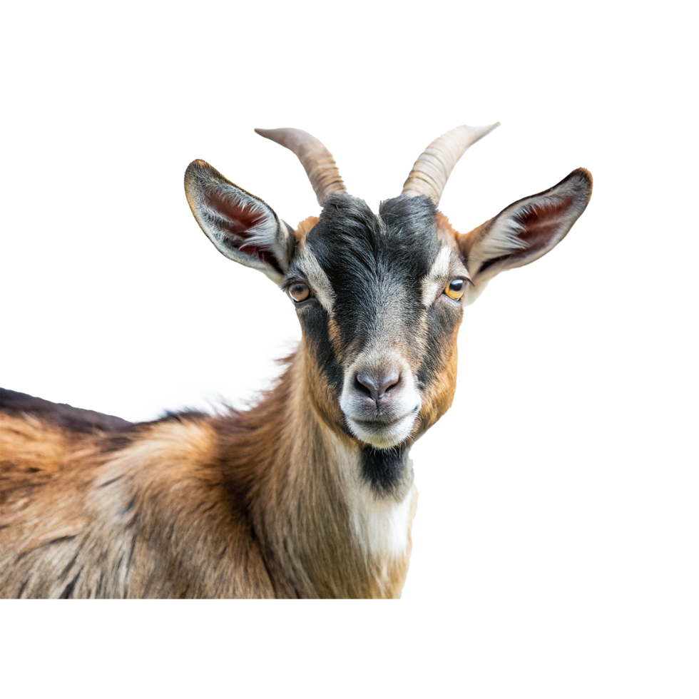 Closeup portrait of a young brown and black goat with short horns png