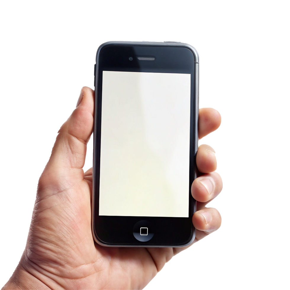 A hand holding a smartphone with a blank white screen showing mobile technology and communication png