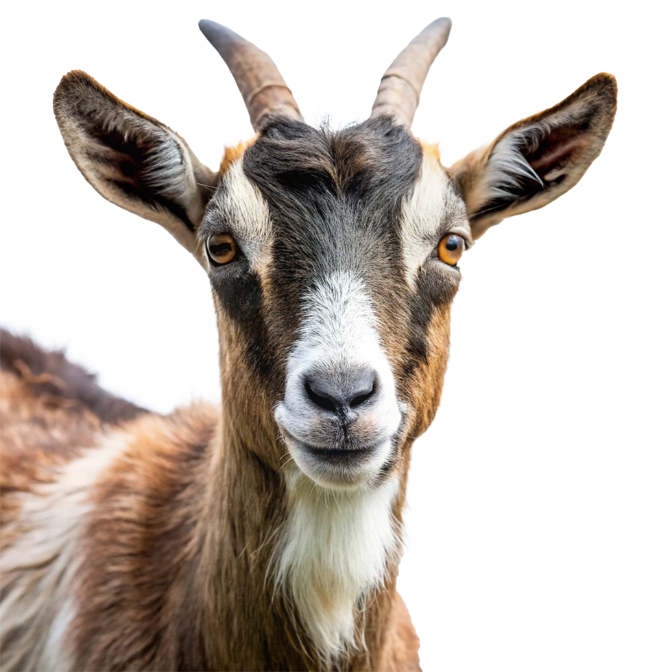 Closeup Portrait of a Brown and White Goat with Horns png