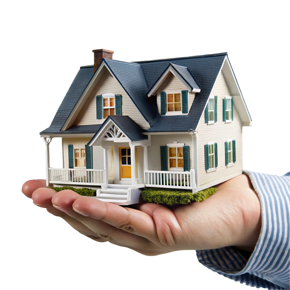 A Hand Holding a Model of a Beautiful Two Story Suburban Home png