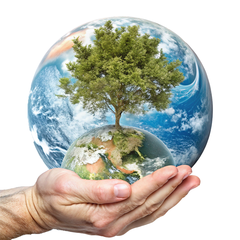 Hands Holding a Small Earth with a Tree Inside a Larger Earth Globe Representing Environmental Protection and Sustainability png