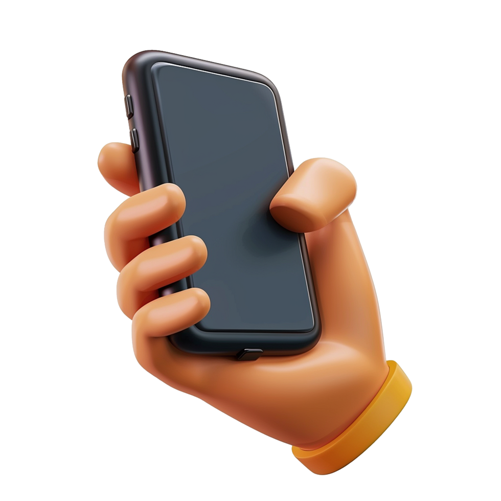 A cartoon hand holding a black smartphone displaying a blank screen png