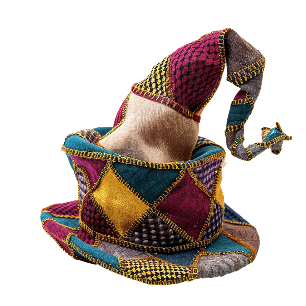 A Colorful Patchwork Jester Hat with a Long Pointy Crown png