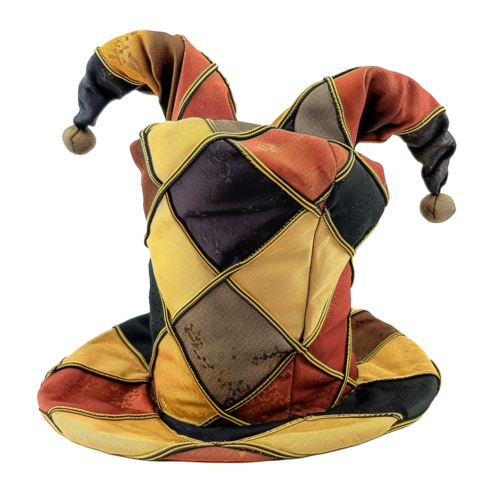 A Detailed View of a Vintage Harlequin Jester Hat with Patchwork Design and Bells png