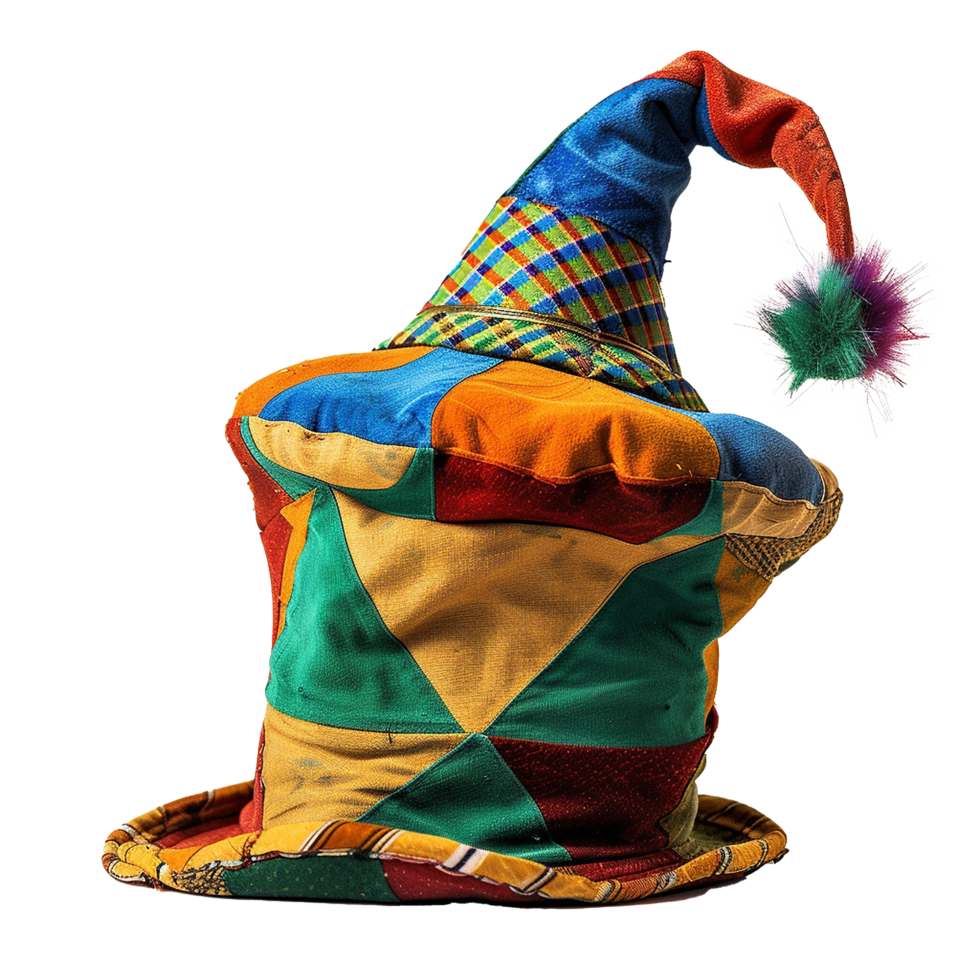 A Colorful Patchwork Clown Hat with a Tall Pointy Crown and a Fluffy Pom Pom png
