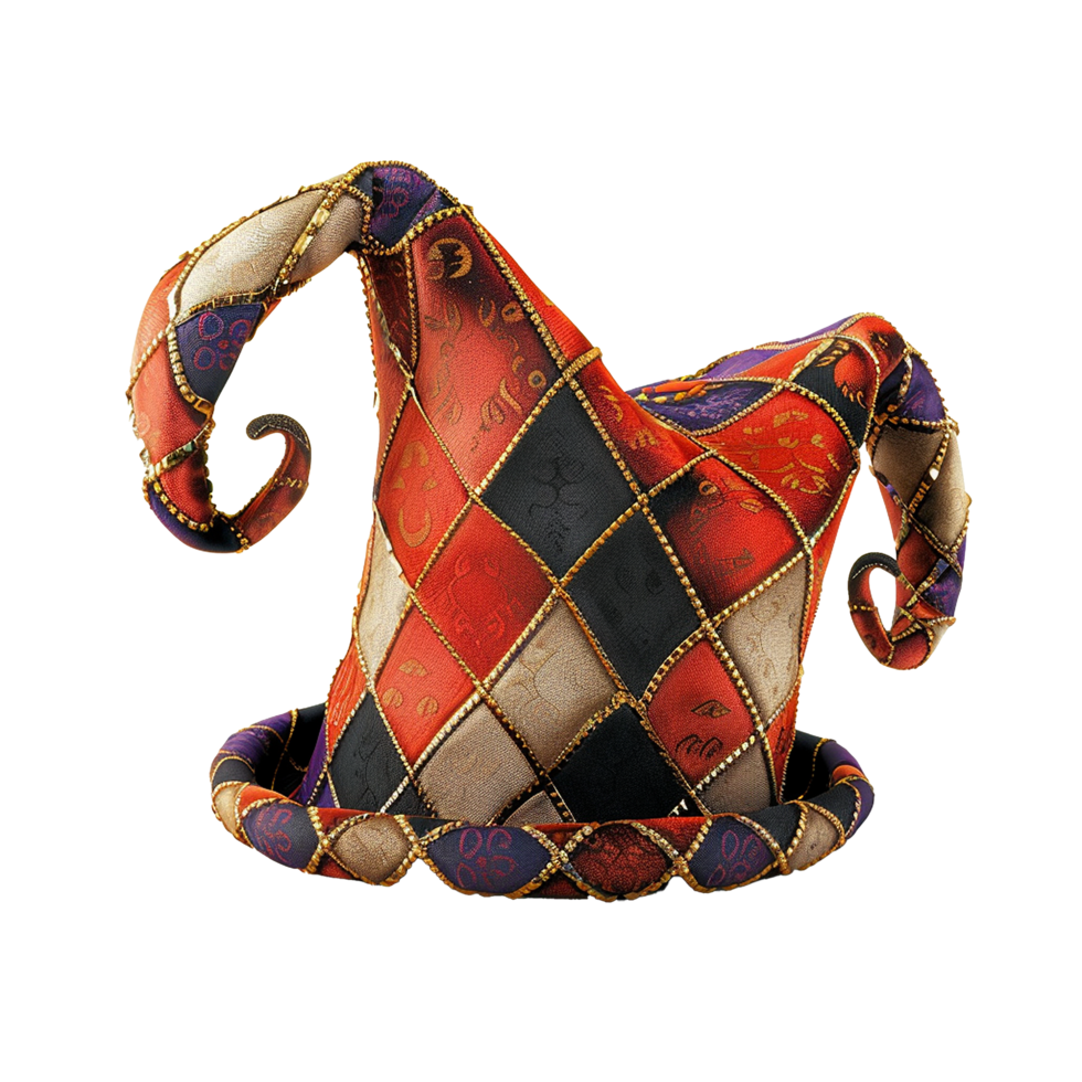 A Detailed Close Up of a Colorful and Ornate Jester Hat png