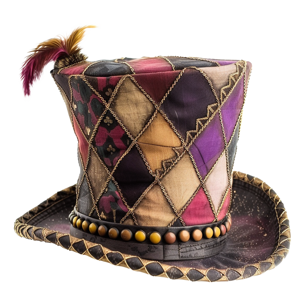 Extravagant Patchwork Top Hat with Feather Detail and Beaded Band png