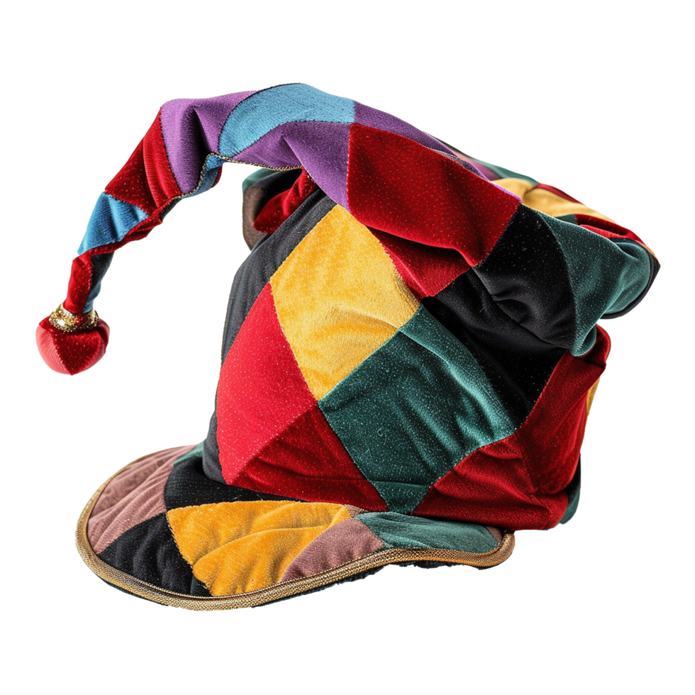 A Colorful Patchwork Velvet Jester Hat with a Long Pointy Crown png