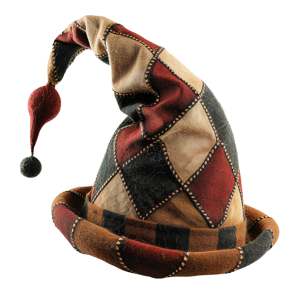 A whimsical handcrafted patchwork jester hat with a long pointed crown and a wide brim png