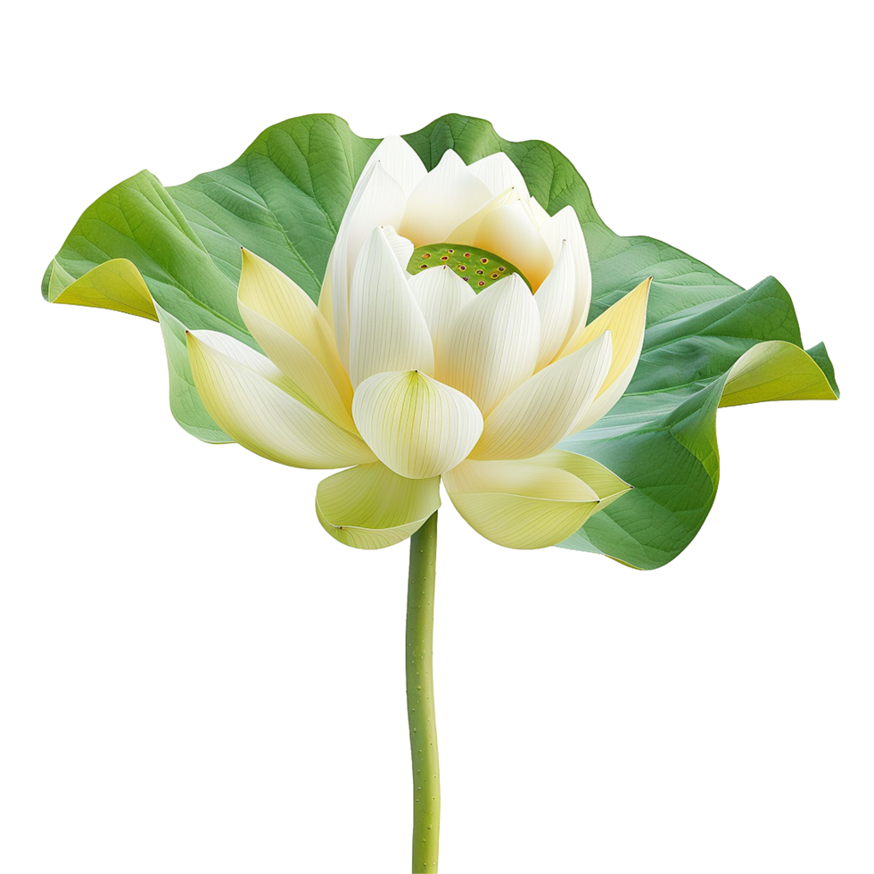 un maravilloso de cerca de un soltero blanco loto flor con verde hoja png