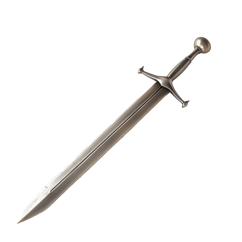 A Sleek Silver MedievalStyle Sword with a Rounded Pommel and Crossguard png