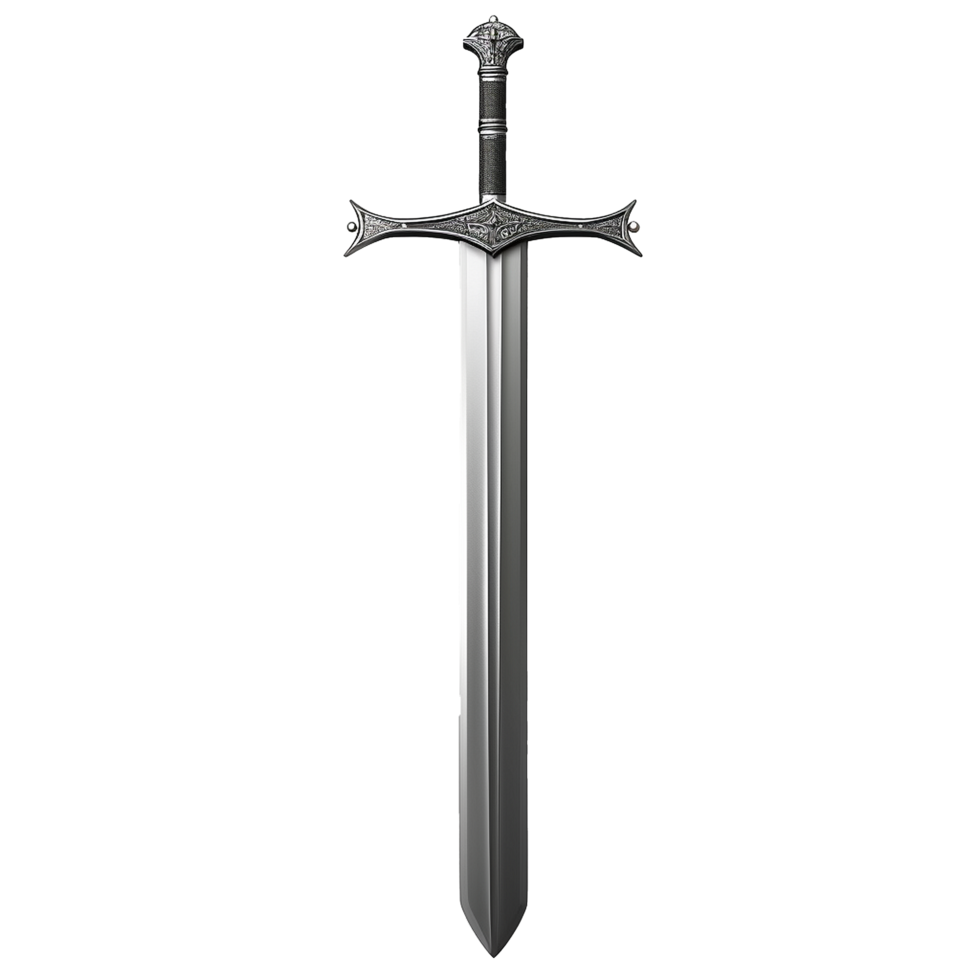 A Majestic Medieval Greatsword with Intricate Ornate Details Displayed Against a Gray Background png