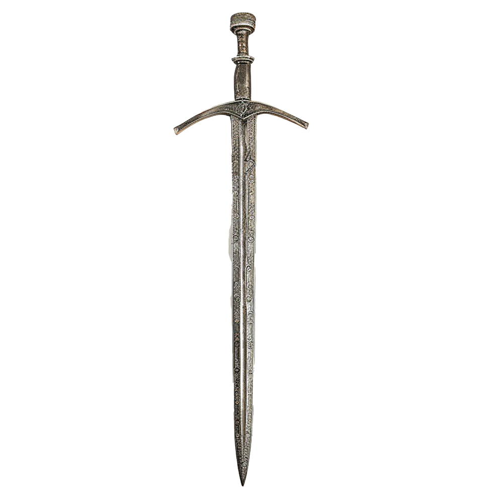Ornate MedievalStyle Sword with Intricate Etched Details and Cross Guard png