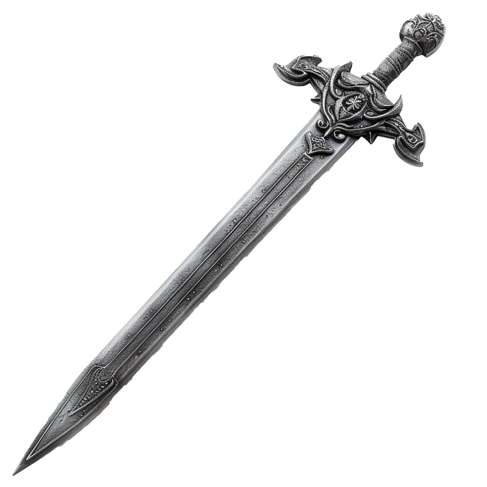 Ornate Silver Medieval Fantasy Sword with Intricate Details and Etched Blade png