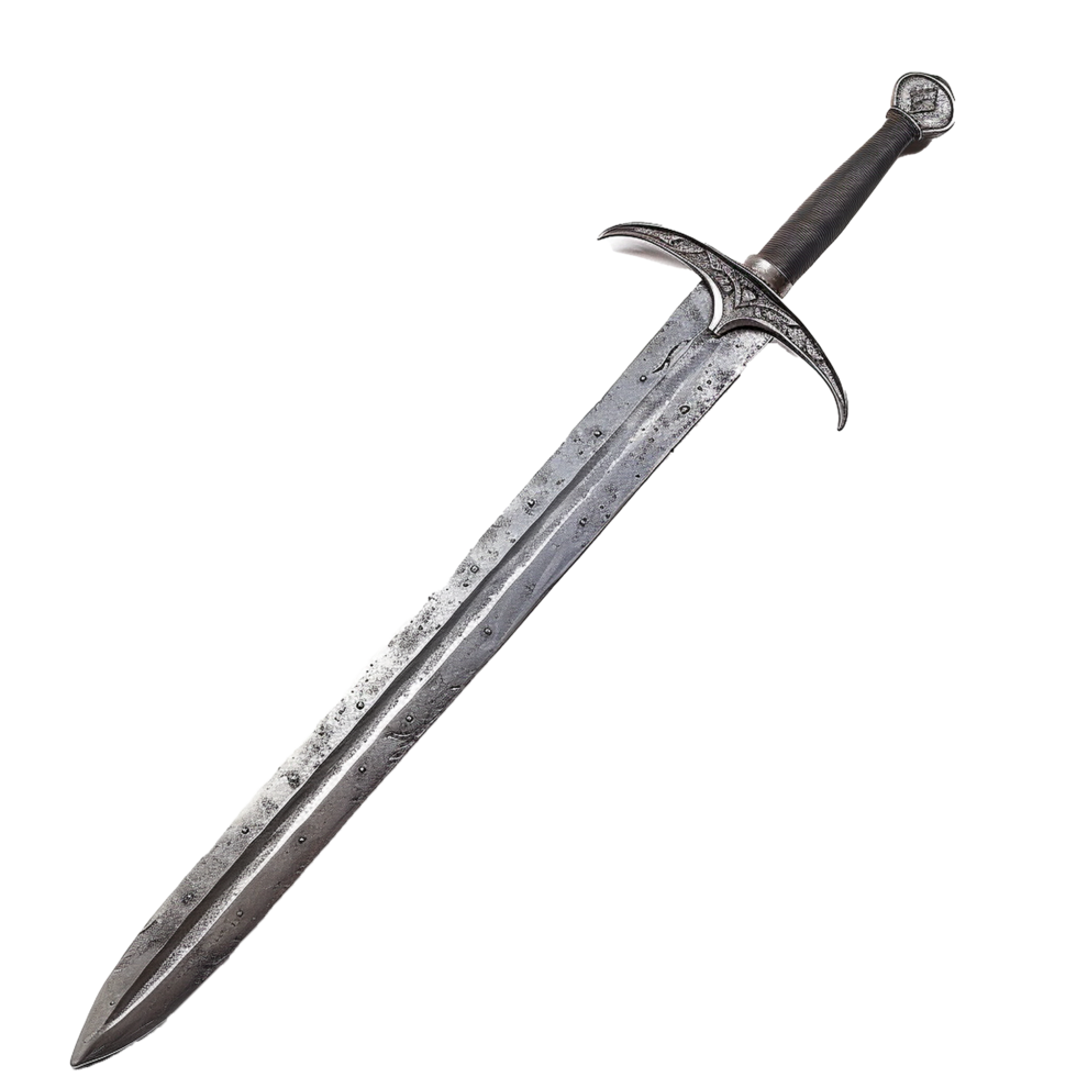 A medievalstyle hand forged greatsword with an ornate hilt and a weathered blade png