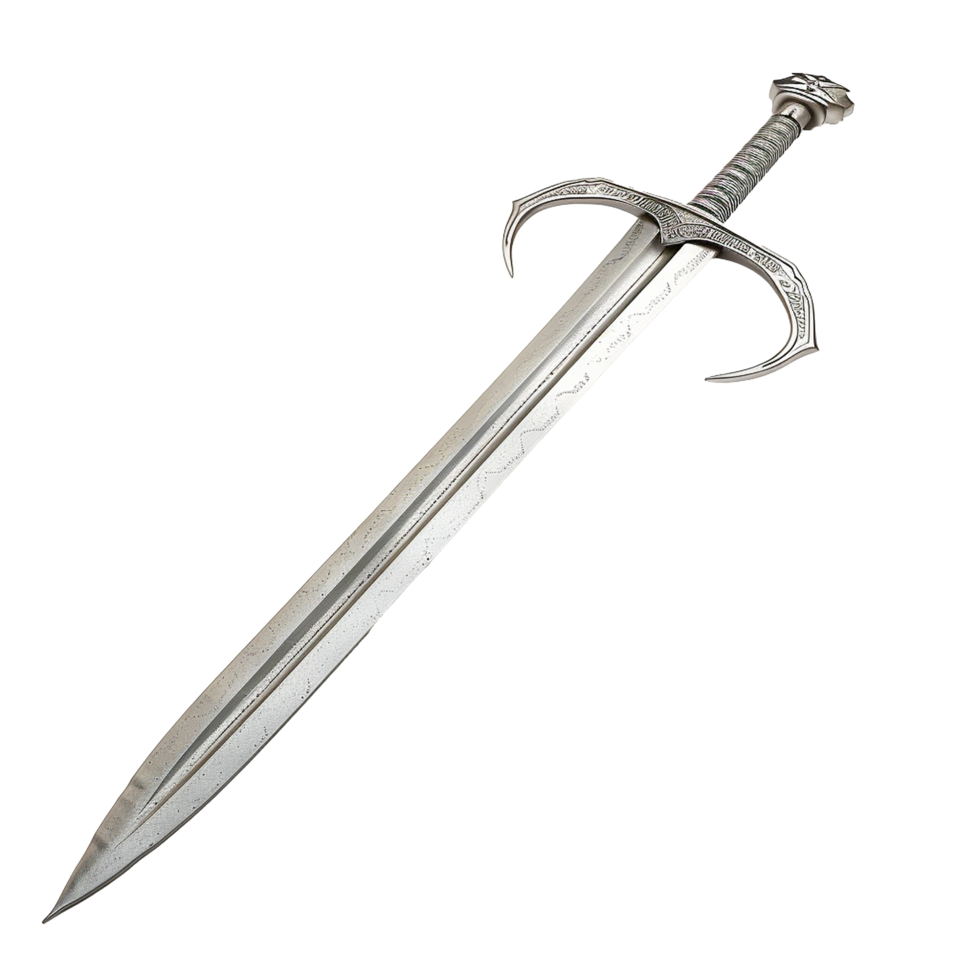 A magnificent ornate silver medieval fantasy sword with a long blade and curved hilt png